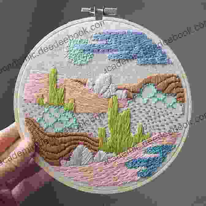 A Close Up Of A Painted Embroidery Depicts A Serene Landscape, With Delicate Stitches Forming Rolling Hills And A Meandering River. Be Creative Crochet: Mixing Paint With Stitch (Knitting Crocheting And Embroidery 10)