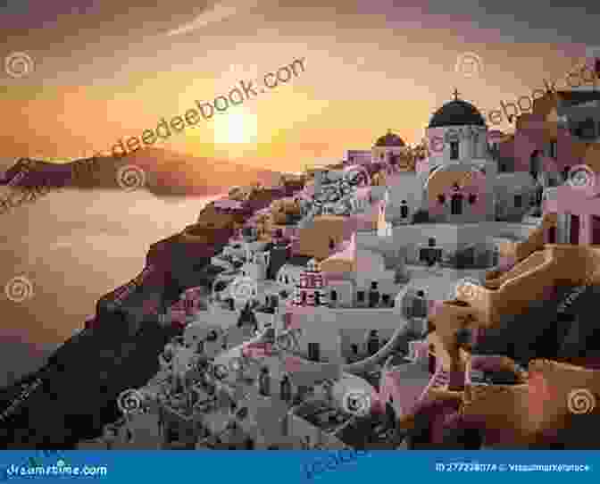 Dramatic Sunset Over The Caldera Of Santorini, Casting A Warm Glow On The Whitewashed Buildings And Iconic Blue Domed Churches Tales From A Greek Island